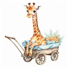 Cute adorable giraffe in a little watercolor wagon with legs hanging over the side. Illustration