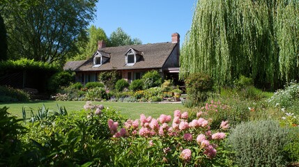 A charming, rustic cottage with a brick exterior and a shingled roof is nestled in a lush, vibrant garden. The house has dormer windows and two brick chimneys. The garden is filled with an array of co