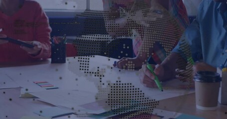 Poster - Animation of globe and data processing over diverse colleagues talking in office