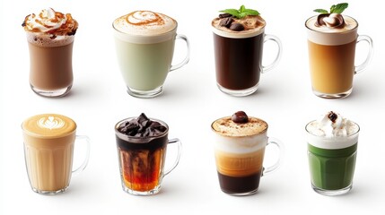 Array of Hot Drinks Variety - Mocha, Tea, Coffee, Hot Chocolate, Matcha, Cappuccino, Iced Coffee - Isolated on White | Beverage Collection Concept