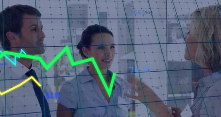 Poster - Animation of diagrams and data processing over caucasian colleagues talking in office
