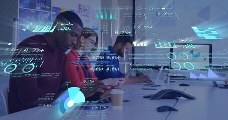 Poster - Animation of diagrams and data processing over diverse colleagues talking in office