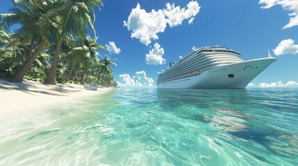 Poster - Cruise Ship Docked at Tropical Island with Palm Trees and Turquoise Water