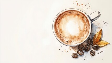 Wall Mural - Minimalist Watercolor Sketch of Plant-Based Milk Coffee Cup with Coffee Beans on White Background