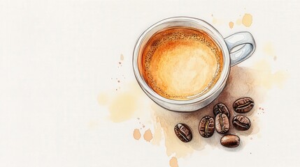 Wall Mural - Minimalist Watercolor Sketch of Hot Coffee Milk Cup with Coffee Beans on White Background