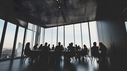 Poster - Silhouettes of a group of people in a conference room, meeting around a large table.