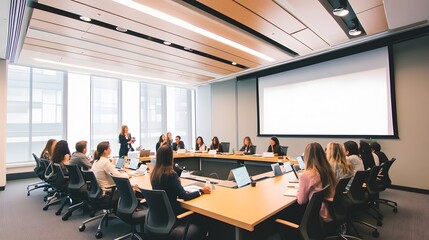 Canvas Print - A group of professionals in a conference room, listening to a presentation.