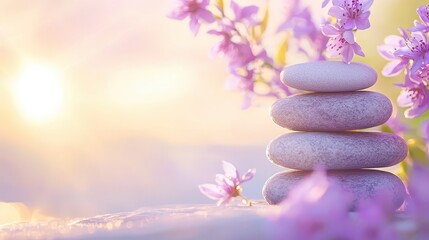 Poster - Zen Stones  Purple Flowers  Soft Sunset