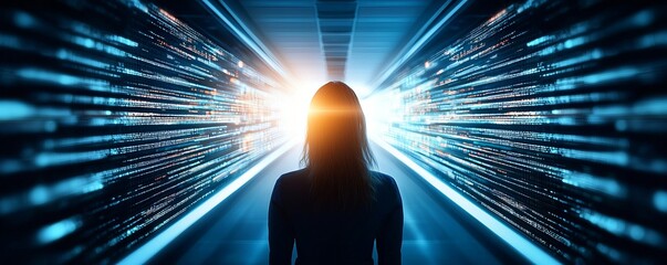 Wall Mural - silhouette of a person navigating through vibrant light beams, symbolizing exploration and innovatio