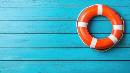 Sticker - Orange Lifebuoy on Blue Wooden Background