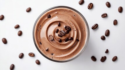 Wall Mural - Swirling Chocolate Shake Whirlpool with Coffee Beans on White Background for Vibrant Culinary Concept