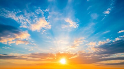 Poster - Sunny sunrise over horizon with vibrant clouds, peaceful morning concept