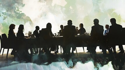 Sticker - Silhouettes of people sitting around a table during a meeting. 