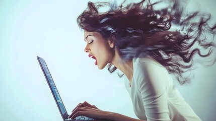 Canvas Print - Woman with long dark hair screams as she uses a laptop.