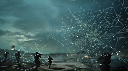 Poster - Silhouettes of soldiers advance through a futuristic battlefield, a web of digital connections overhead.