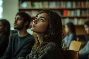 Poster - a quiet moment of reflection during a literature class, where students ponder deep questions. concep