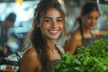 Wall Mural - A person laughing while cooking with friends, enjoying the simple pleasures of life. Concept of culinary joy. Generative Ai.