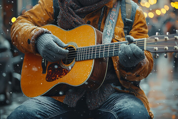 Wall Mural - A musician playing guitar on a busy street, finding joy in sharing music with others. Concept of passion. Generative Ai.