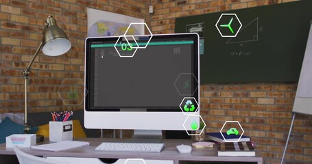 Poster - Animation of ecology icons over empty office with computer