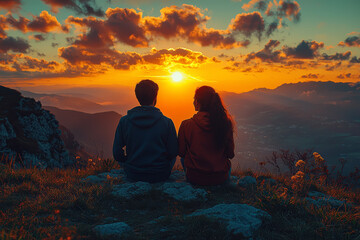 Poster - a couple watching a stunning sunset together, lost in the beauty of the moment. concept of romantic 