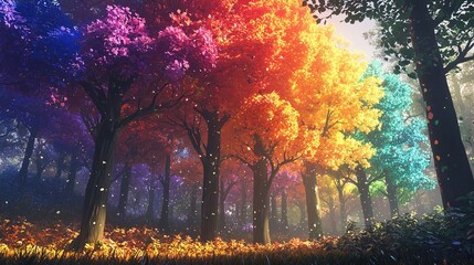 Wall Mural - A vibrant and ethereal forest scene with tall trees displaying a wide array of leaf colors. The foliage ranges from deep purples and blues to bright oranges, yellows, and greens. Sunlight filters soft