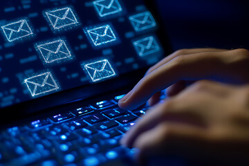 Wall Mural - An employee uses a keyboard with email icons in her office   in wireframe style on blue background
