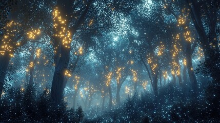 Wall Mural - A mesmerizing, dreamlike forest scene where trees are illuminated by countless glowing lights. The forest is dense with tall trees, their trunks and branches wrapped in clusters of small, warm yellow 
