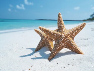 Wall Mural - starfish on white sand beach blue ocean - ai