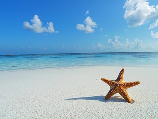 Wall Mural - starfish on white sand beach blue ocean - ai