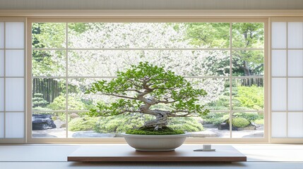 Canvas Print - Bonsai Tree in a Japanese Interior with Garden View