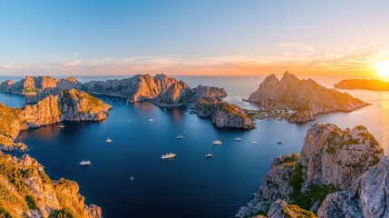 Poster - Sunset over Rocky Islands with Boats in Calm Sea