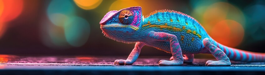 Canvas Print - Chameleon in Colorful Lights