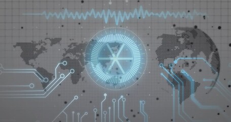 Poster - Animation of digital data processing, globe over circuit board