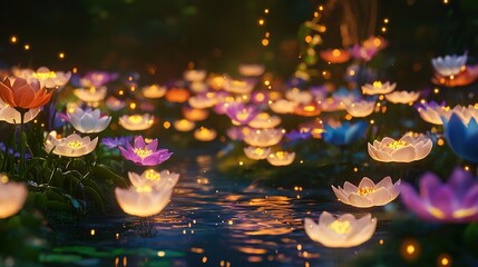 Wall Mural - A dreamy, magical scene of a serene water surface adorned with floating lotus flowers. The flowers are illuminated with soft, warm lights, creating a glowing effect on the petals. The image is rich in