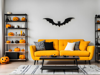 Wall Mural - Interior of living room decorated for Halloween with yellow sofa and shelf units