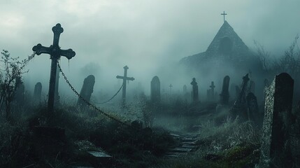 Ancient gravestones and crosses stand amidst overgrown grass in a misty graveyard. The stones vary in size and shape, many leaning at odd angles, covered with moss and vine. Shadows and fog envelope t