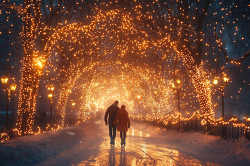 Poster - A couple ice skating hand in hand under a canopy of twinkling Christmas lights. Concept of festive activities and romantic holiday moments.