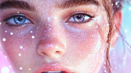 Closeup of Woman s Face Covered in Glitter and Shimmer