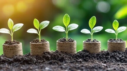 Canvas Print - Five Green Seedlings Growing In Soil Pots