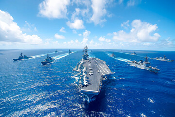 Military Ships at Sea: Navy Vessels in the Pacific as Part of a Carrier Strike Group.