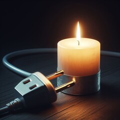 A candle burning with a soft flame in a dark room and unplugged electric jack and socket. save energy concept