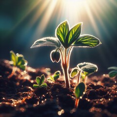 Wall Mural - Close-up of a fresh sprout or small plant growing in the soil symbol new life