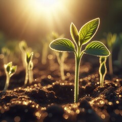 Wall Mural - Close-up of a fresh sprout growing in the soil symbol new life