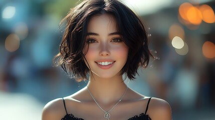 Canvas Print - A young woman with short black hair smiles brightly at the camera.