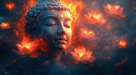 Sticker - Enlightenment and Tranquility: Buddha Surrounded by Burning Lotuses