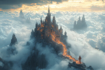 Poster - a castle floating on a cloud, its spires piercing the heavens. concept of otherworldly architecture 