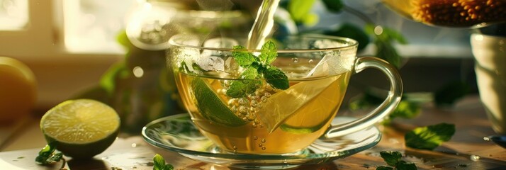 Sticker - Hot water being poured into a glass cup with a tea bag, creating a lime and mint infused drink.