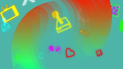 Poster - animation of colourful shapes and icons on blue background