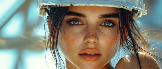 Wall Mural - Close-up portrait of a young woman wearing a white hard hat, looking at the camera with a serious expression.