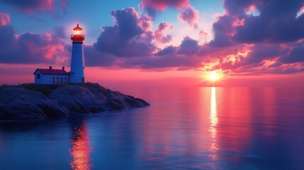 A lone lighthouse stands tall on a rocky outcropping, its beacon shining brightly against a breathtaking sunset.  